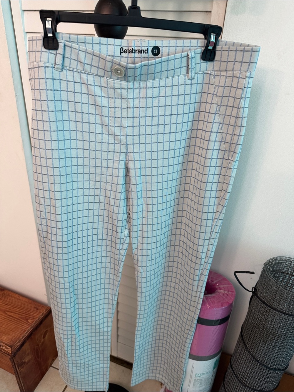 Betabrand White Pants with Blue Grid Pattern